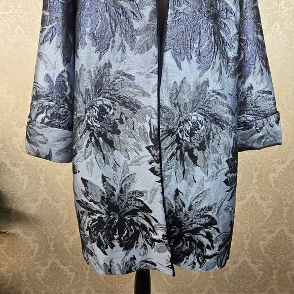 Chico’s Size 2 (12/14) Blue Jacquard Metallic Open Front Long Jacket Rolled Cuff - Picture 4 of 13
